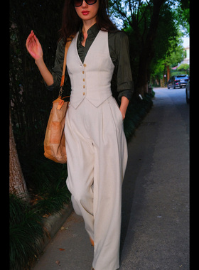 羊毛修身黑色马甲绿色衬衣黑色长裤阔腿裤套装秋毛呢短款马甲套装