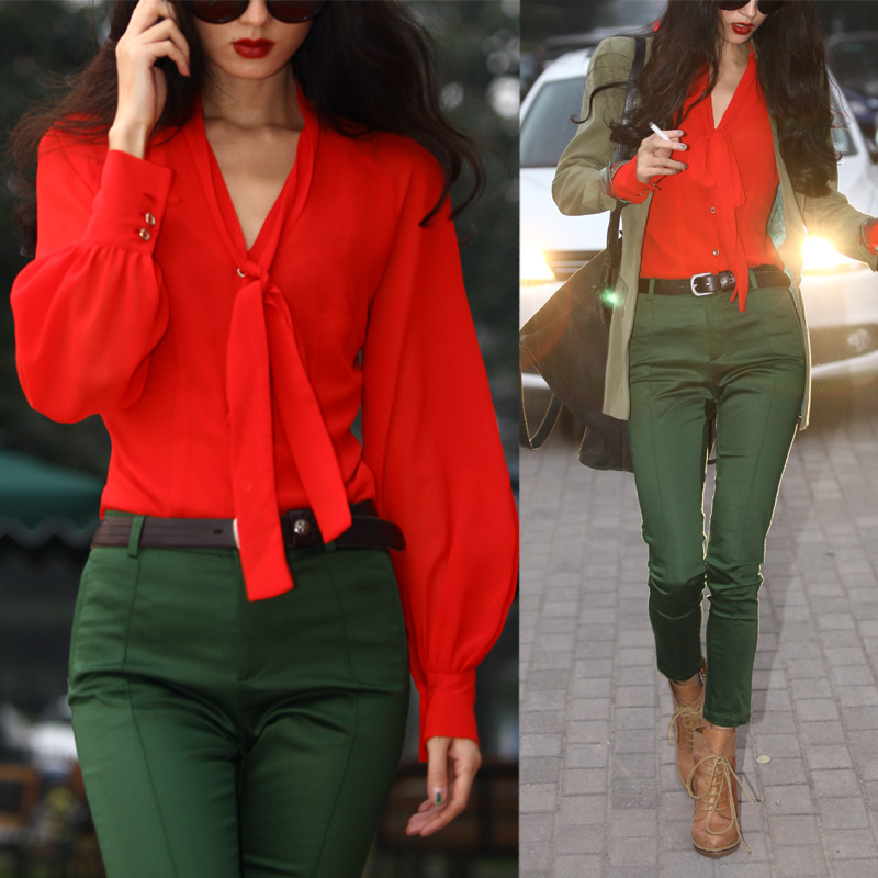 休闲职业装修身领带显瘦雪纺衬衫