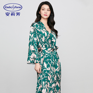 安莉芳专柜新品长袖v领印花夏季薄款睡衣女士家居服睡袍ELW0792