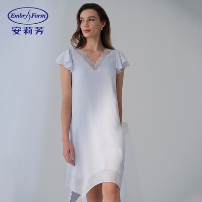安莉芳专柜新品莱赛尔夏季v领短袖短裙女士带杯性感家居裙EL00847