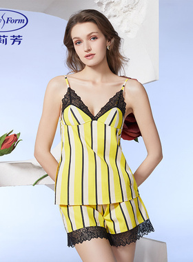 安莉芳专柜薄款条纹纯棉吊带上衣女带杯垫性感蕾丝家居服EL00537