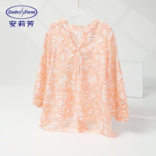 安莉芳专柜新品桑蚕丝棉v领印花七分袖睡衣女士家居服上衣EL00899
