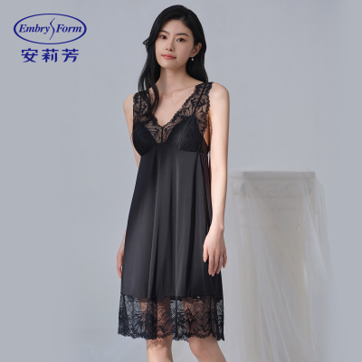 安莉芳专柜新品短袖v领蕾丝吊带短裙带杯睡裙女士家居裙EL00882