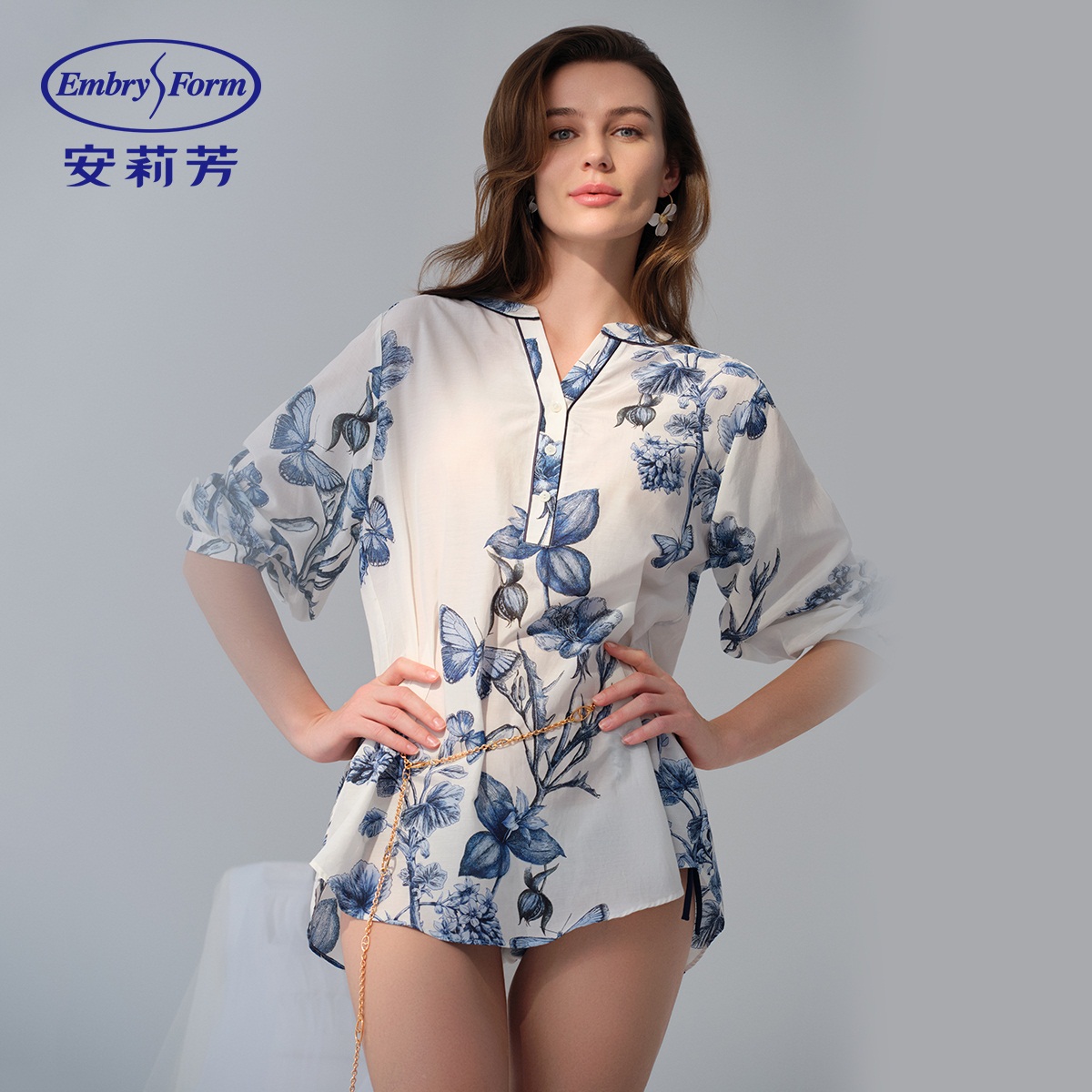 安莉芳专柜新品桑蚕丝棉七分袖印花v领睡衣女士家居上衣EL00913