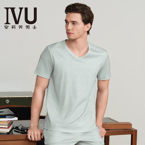安莉芳旗下IVU专柜新品棉麻v领短袖睡衣上衣男士家居服UL00249