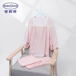 安莉芳专柜新品棉麻方领拼接蕾丝花边睡衣女士家居服套装EL00697