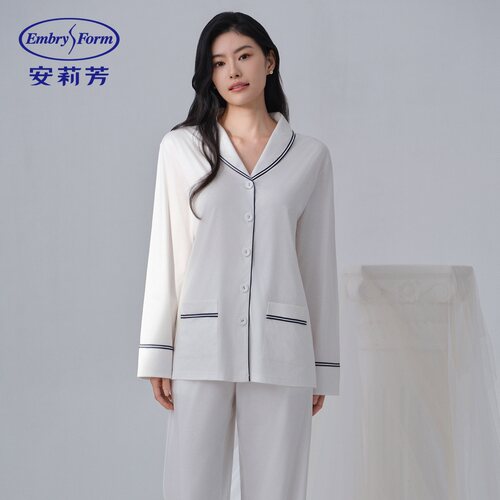 安莉芳专柜新品棉麻混纺撞色辑边翻领睡衣女士家居服套装EL00908