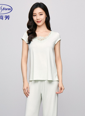 安莉芳专柜短袖v领女士家居服套装茉莉多酚睡衣EL00729
