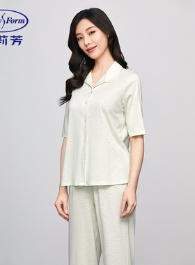 安莉芳纯色简约短袖小翻领莱赛尔棉睡衣睡裤女家居服套装EL00749