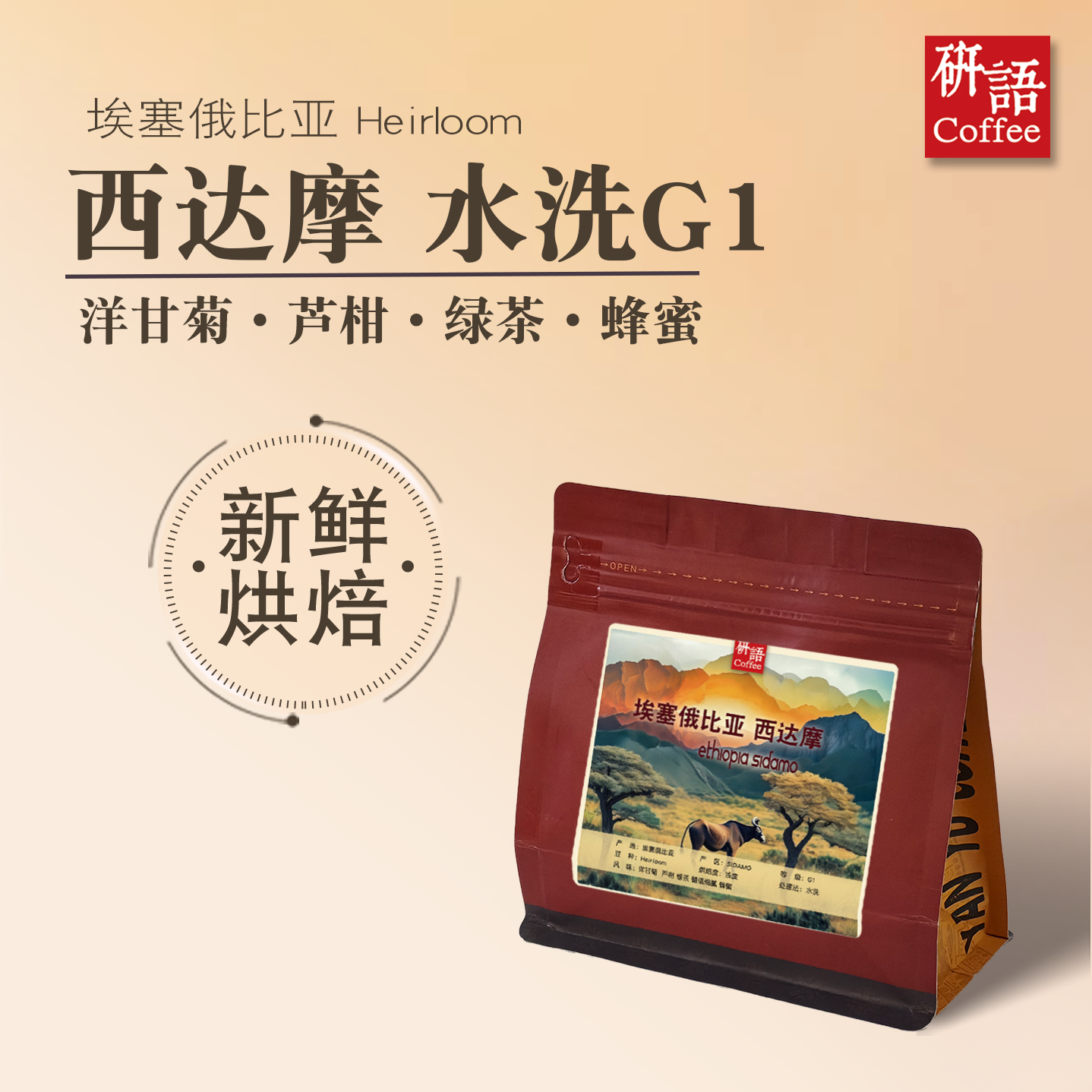 研语咖啡 埃塞俄比亚水洗西达摩G1新鲜烘焙咖啡豆 可代磨粉