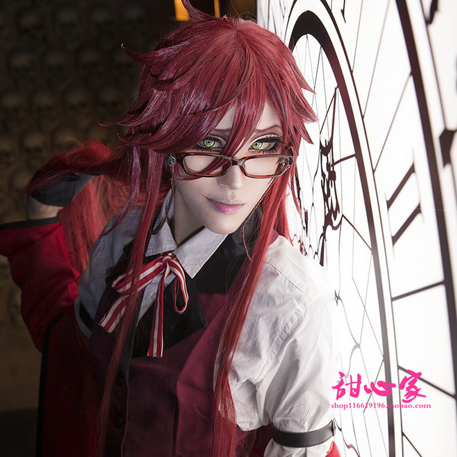 {甜心家}梦100× 黑执事  格雷尔萨特克利夫 酒红色cosplay假发