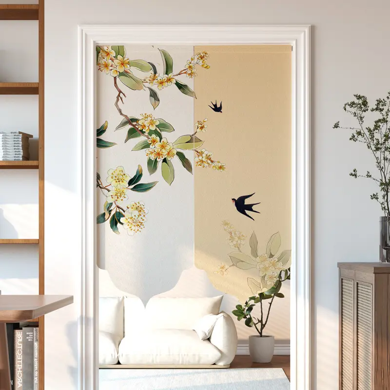 小清新异形仿亚麻门帘中式免打孔