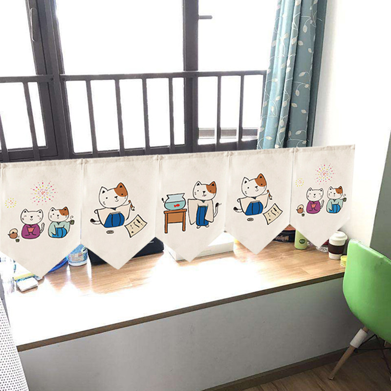 可爱卡通布艺棉麻三角旗厨房定制logo日系门帘头半帘短帘隔断挂帘