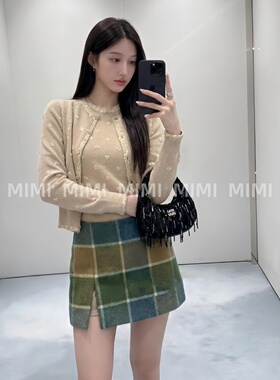 MML/复古春夏小清新格纹少女羊毛高腰开叉包臀迷你裙显高显瘦26新