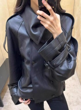 2026春季新款斜立领双排扣AC风格荔枝纹皮衣小羊皮短外套廓形夹克