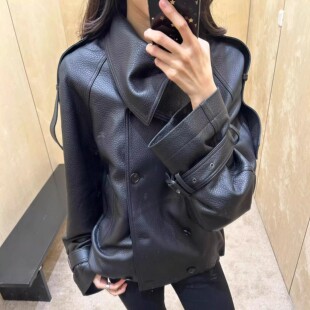 2026春季新款斜立领双排扣AC风格荔枝纹皮衣小羊皮短外套廓形夹克