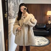 2024秋冬新款 中古百搭双色毛毛外套仿水貂毛女 立领挽袖 韩版 中长款
