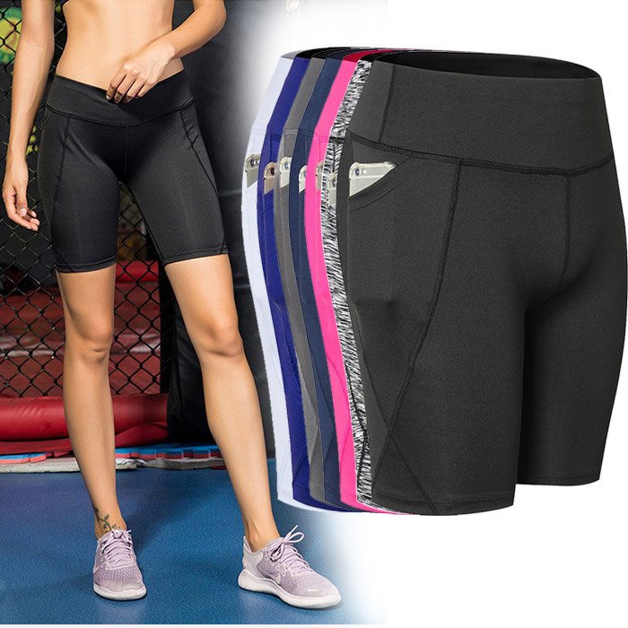 女子运动紧身短裤 高腰瑜伽侧口袋五分裤 健身跑步防走光速干热裤