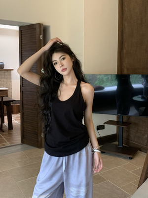 港式辣妹宽松黑色吊带背心带胸垫夏季百搭无袖上衣女慵懒内搭外穿