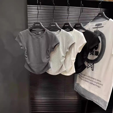 Trendy Round-Neck, Waist-Cinching, Regular Shoulder T-Shirt for Women, New Summer Style, Pure and Alluring, Irregular Hem, Short-Sleeve Base Layer