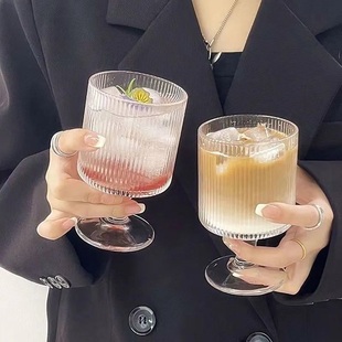 甜品果汁冷饮料高脚玻璃杯啤酒杯高颜值冷泡鸡尾竖条纹大容量带盖