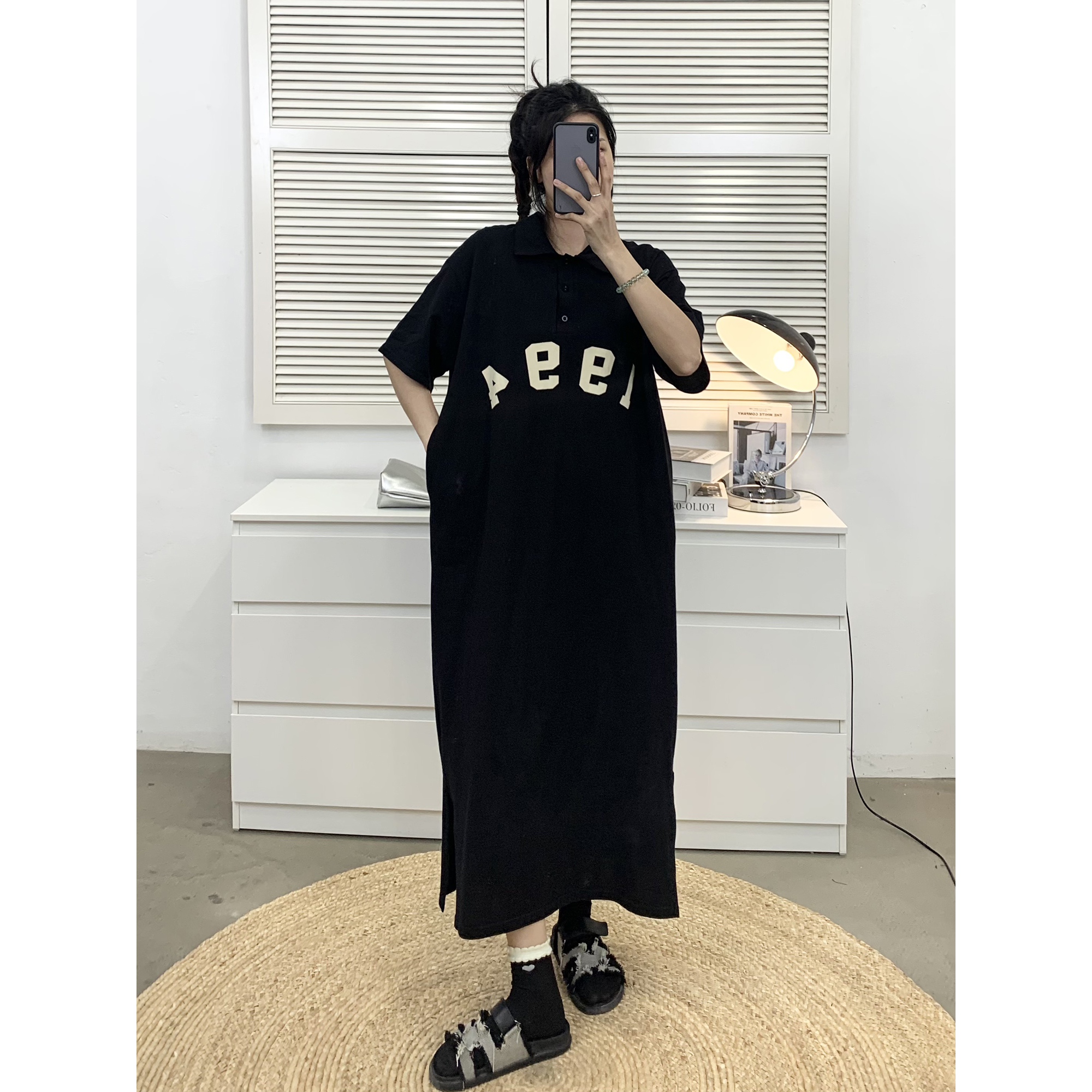 夏季新款显瘦大码长裙高级感POLO领衬衫裙字母发泡印花短袖连衣裙