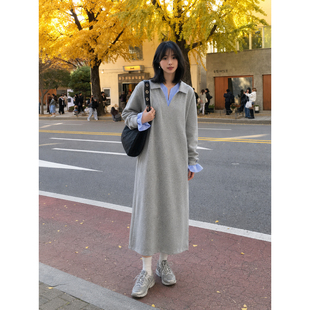 秋季新款宽松连衣裙女长袖翻领V领中长款遮肉显瘦韩系气质过膝裙