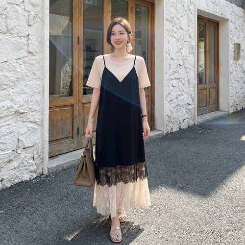 胖mm宽松显瘦假两件吊带长裙女夏季新款休闲拼接蕾丝短袖连衣裙子