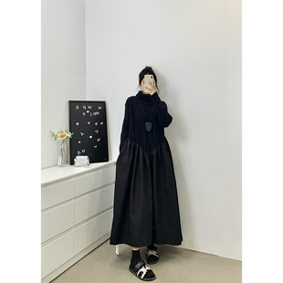 提花配大衣荷叶边连衣裙长裙 新款 黑色高腰大码 胖mm拼接针织裙冬季