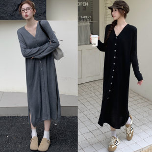 2025新款 秋季 女装 大码 秋冬高级感V领百搭针织长裙毛衣连衣裙 新款
