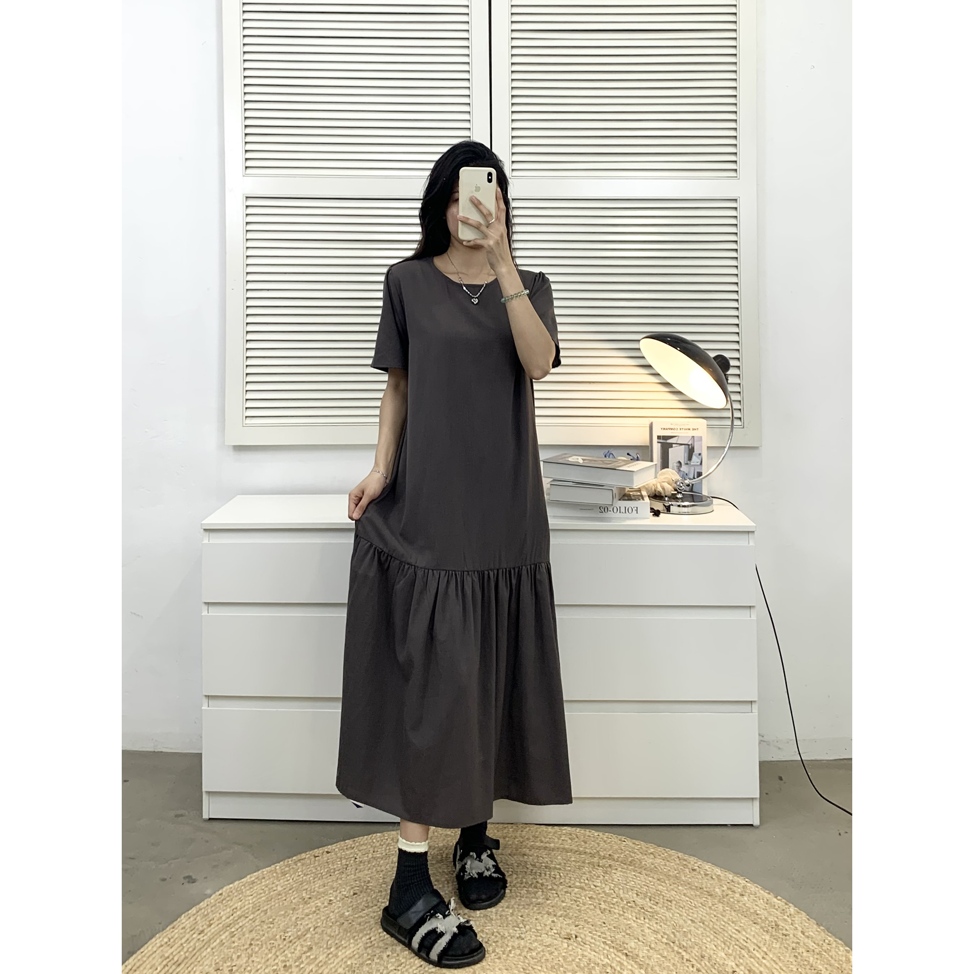 长款拼接短袖鱼尾长裙女2025夏季新款简约纯色宽松显瘦直通连衣裙