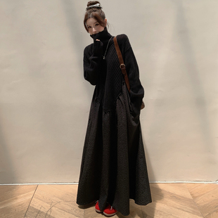 大码宽松高领拼接针织裙女2026秋冬胖mm长款显瘦打底过膝连衣裙子