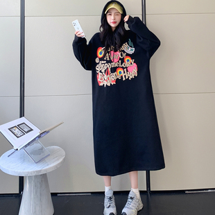 连衣裙潮 过膝卫衣裙女胖mm宽松显瘦加绒加厚BB绒连帽长袖 大码 长款