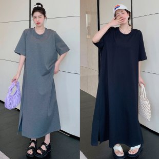 清仓特价 纯色T恤长裙宽松休闲开叉短袖 大码 夏季 连衣裙子 女装