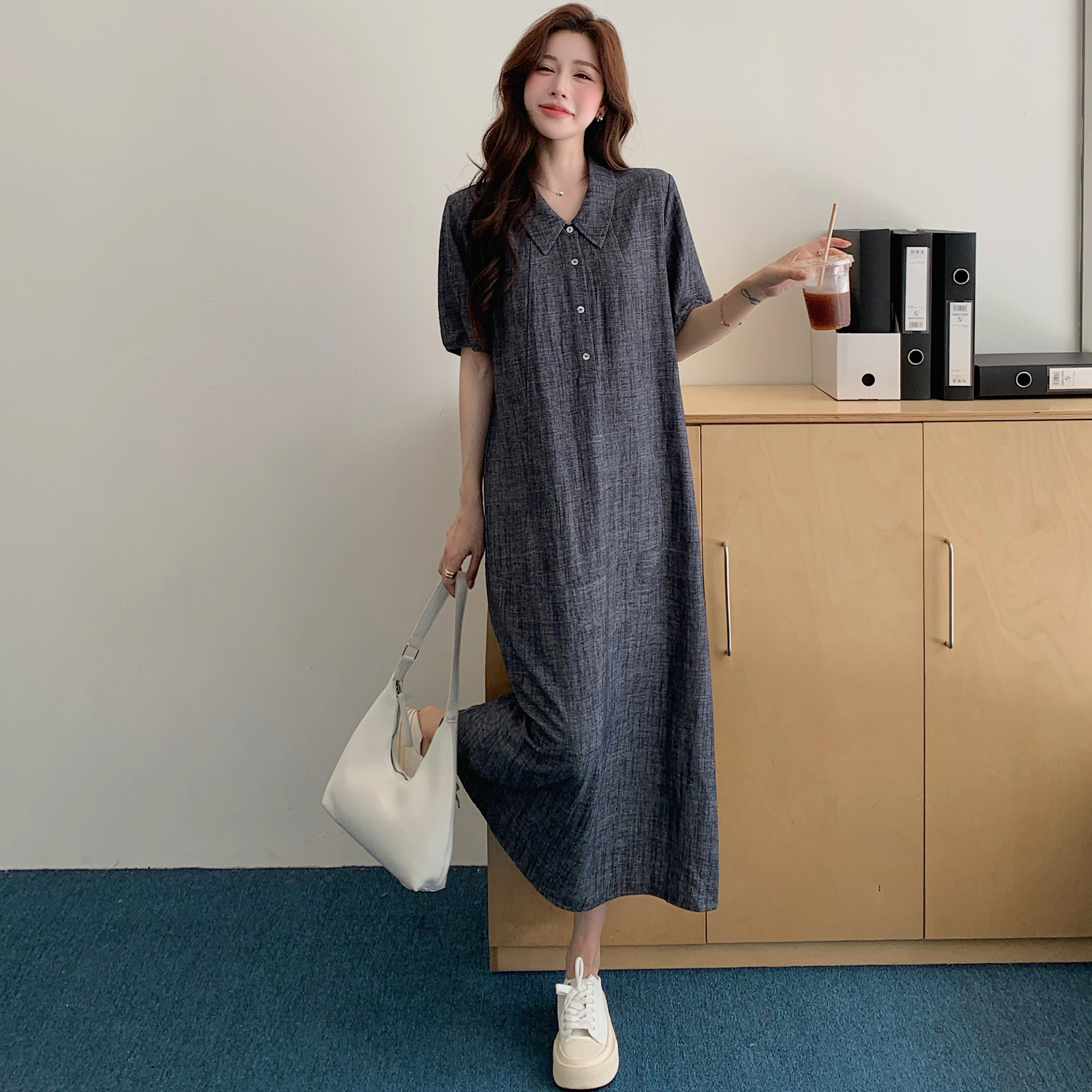 高级感长款过膝宽松衬衫裙子女2025夏季polo领大码短袖透气连衣裙