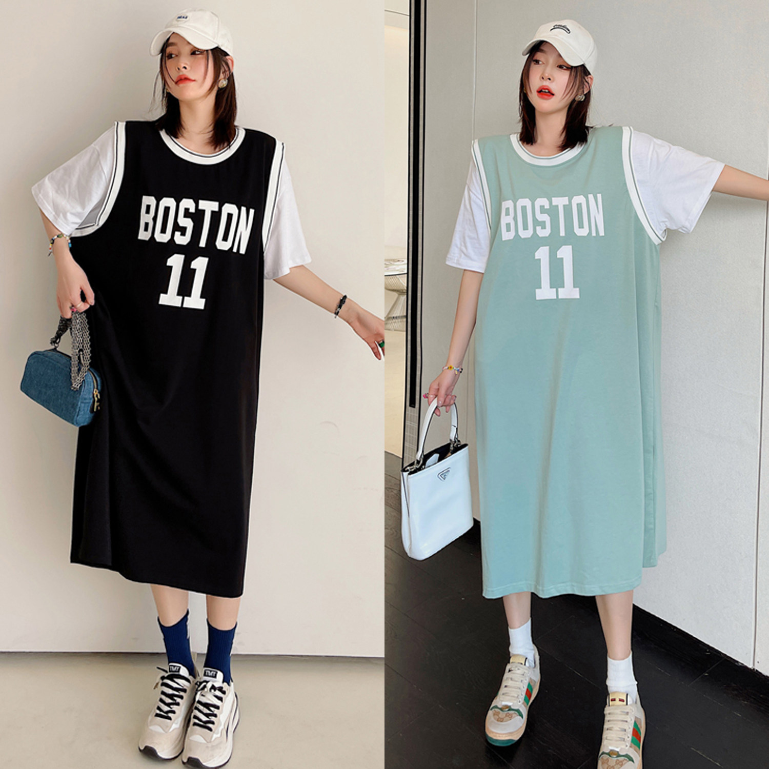 夏季新款大码女装胖mm假两件圆领t恤裙宽松显瘦休闲短袖连衣裙子