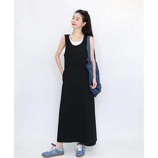 寬松氣質(zhì)小眾設(shè)計(jì)感假兩件背心長(zhǎng)裙夏季 背帶連衣裙女大碼 黑色無袖