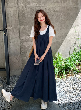 假两件背带短袖连衣裙女2026夏装新款微胖宽松显瘦休闲百搭长裙子