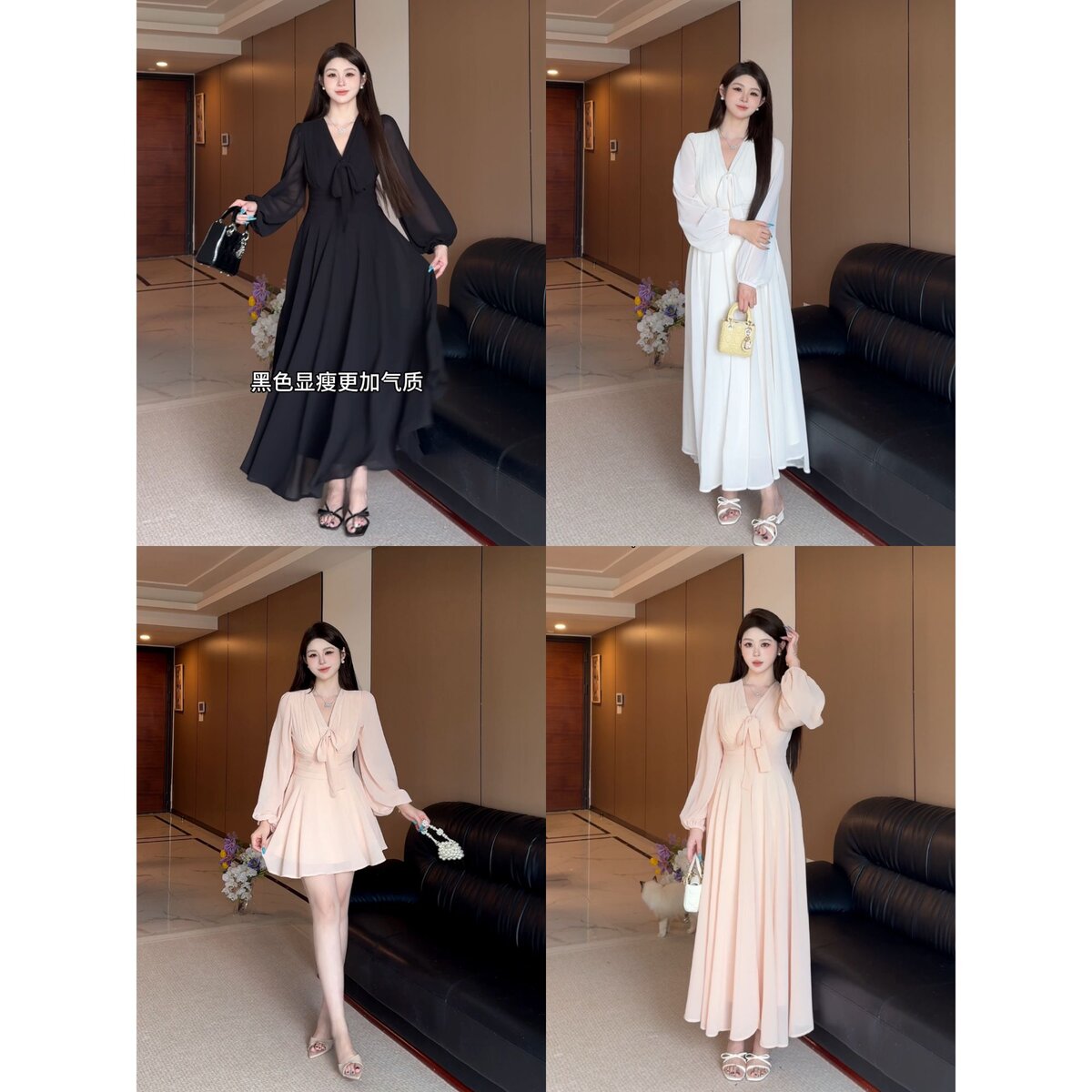 大码女装法式复古气质长袖连衣裙女秋季新款v领蝴蝶结绑带长裙子