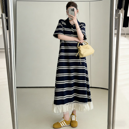 大码夏季珠地条纹Polo花瓣裙胖mm撞色短袖长款连衣裙宽松显瘦裙子