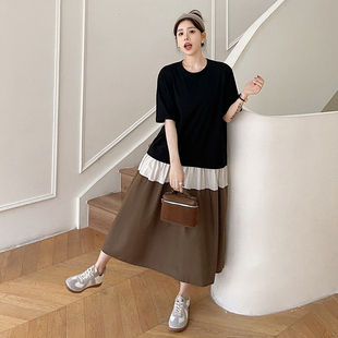慵懒风设计感宽松显瘦休闲连衣裙 新款 拼接撞色短袖 T恤长裙女夏季
