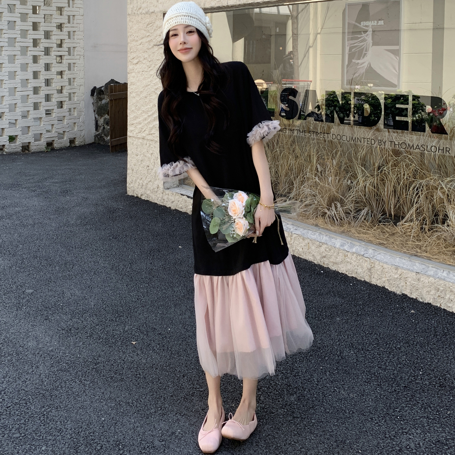 减龄显瘦拼接网纱休闲连衣裙韩系女洋气大码中长裙子2025夏季新款