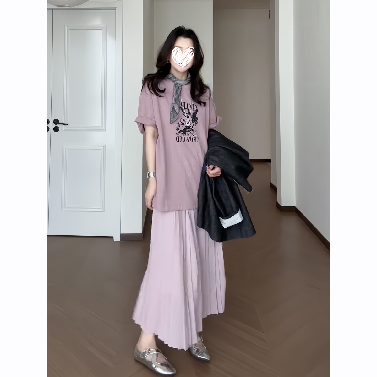 韩系穿搭夏季慵懒风宽松印花长裙女气质显瘦拼接百褶假两件连衣裙