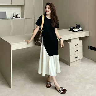 微胖mm宽松显瘦气质长裙子 大码 女装 撞色拼接短袖 t恤连衣裙女夏季
