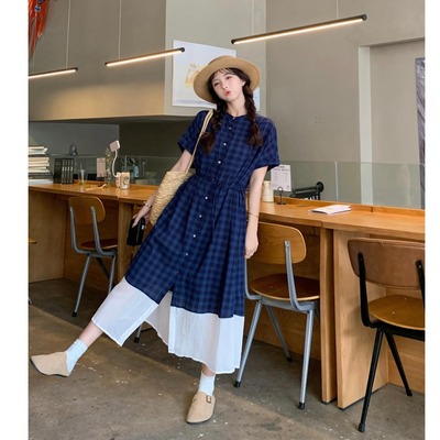 格纹拼接短袖连衣裙大码女装夏季新款胖mm收腰遮肚休闲学生长裙子