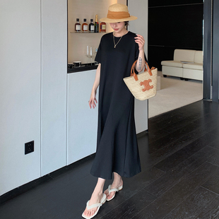 宽松显瘦打底连衣裙 鱼尾裙大码 夏季 过膝长裙女黑色圆领高级感短袖