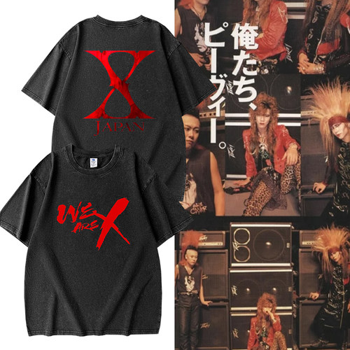 日本X JAPAN摇滚乐队水洗做旧短袖T恤男女夏季交响金属复古印花
