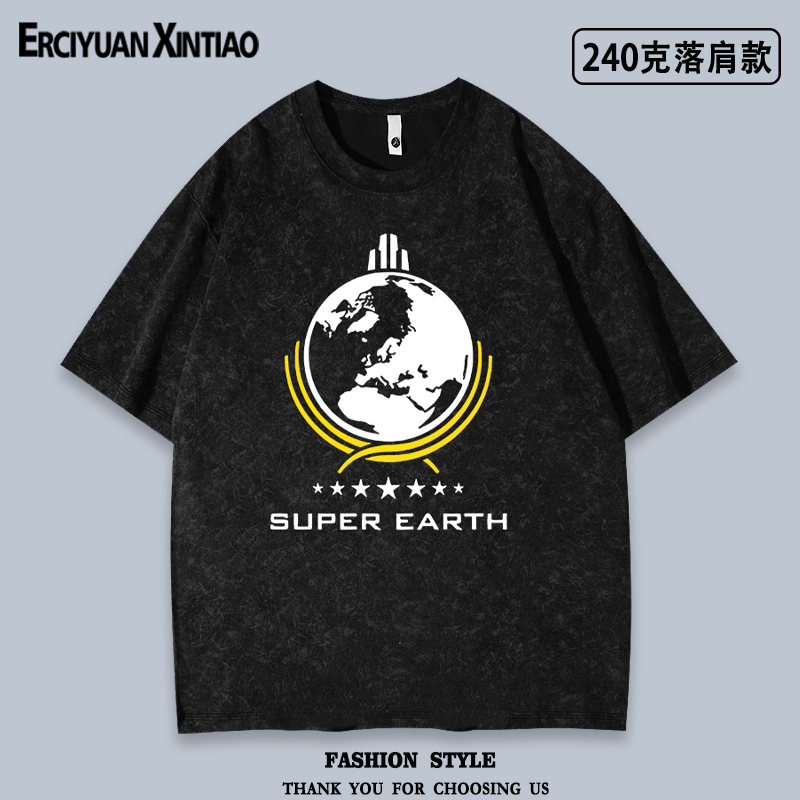 绝地潜兵2超级地球游戏周边INSERT COIN同款短袖重磅水洗做旧T恤