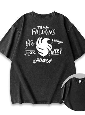 Team Falcons法尔空猎鹰cs2go战队niko签名水洗做旧重磅短袖T恤