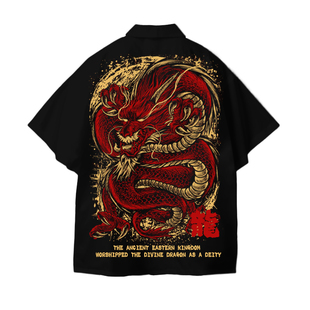 新年龙图案国潮中国风短袖衬衫本命年红色衣服男夏季宽松短袖衬衣